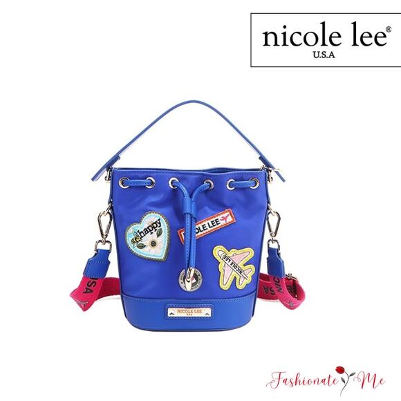 Nicole Lee USA Embroidered Color Patches Drawstring Closure Bucket Bag | Blue - Picture 1 of 14